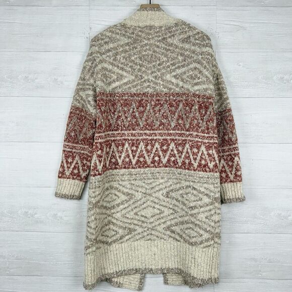 Joie Open Front Longline Cardigan Women S Nordic Knit Cream Red Cozy Fair Isle - Picture 7 of 14